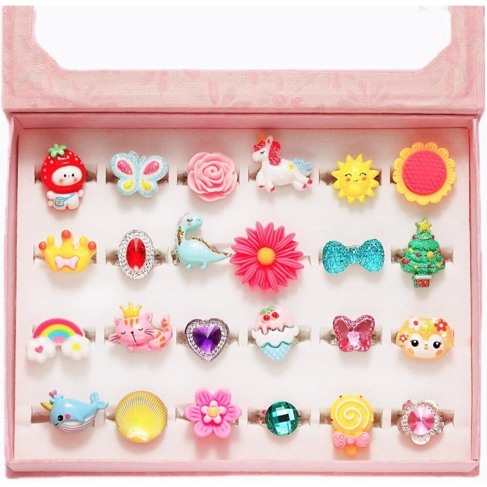 Little Girl Jewel Rings in Box, Adjustable, No Duplication, Girl Pretend Play an